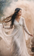 Obraz premium An Asian woman gracefully twirls in a flowing white gown, her hair billowing around her as soft clouds of mist envelop her in a serene forest setting, capturing a moment of magic and elegance.