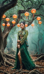 Obraz premium Woman in vibrant traditional clothing wanders through mystical forest, surrounded by swirling mist and illuminated by glowing red lanterns hanging in the trees. The atmosphere is enchanting and serene