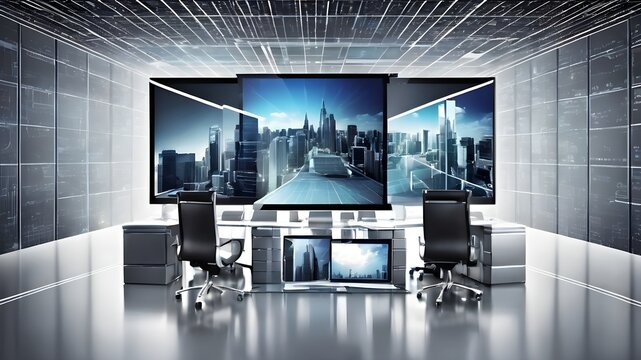 loth of monitors in the room business background