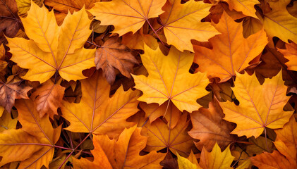 Fototapeta premium Vibrant yellow and orange autumn maple leaves in close-up