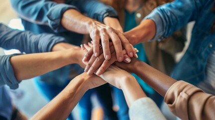 Diverse group of people joining hands together in circle.