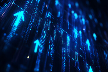 Obraz premium Abstract digital background banner showcasing various-sized arrows pointing up on a smartphone screen, symbolizing data connection and upward 