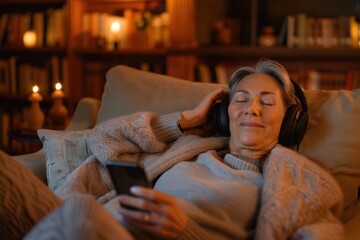 Middle-aged woman relaxing on a cozy sofa while listening a podcast with headphones
