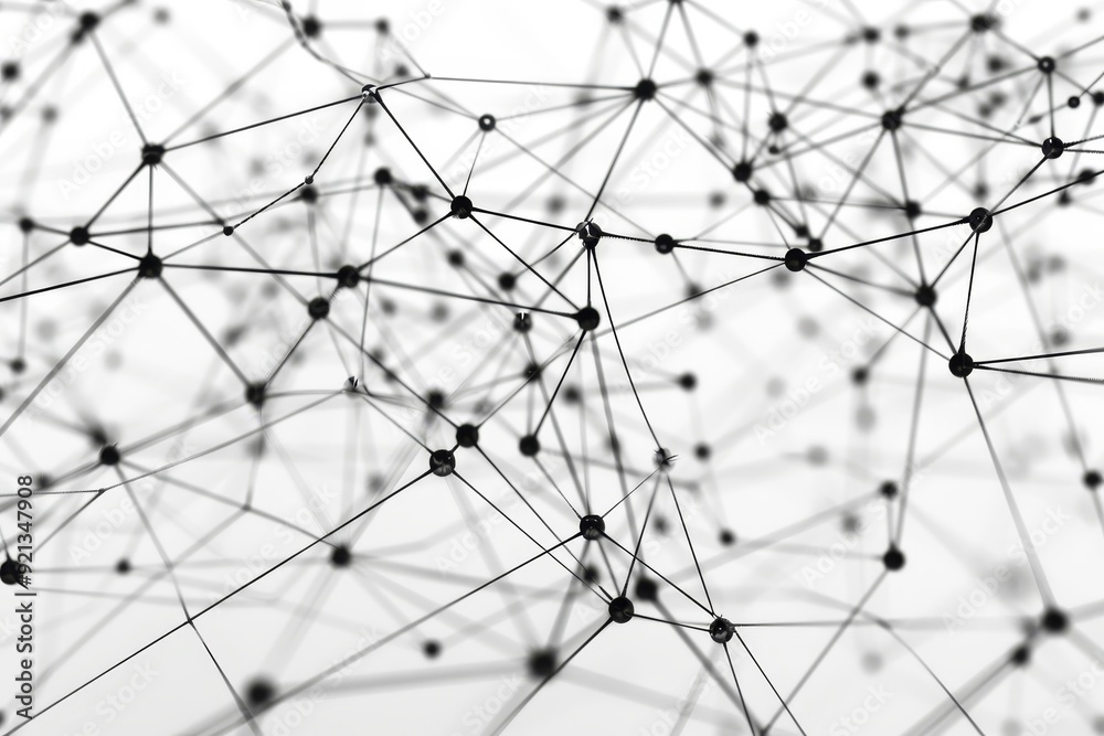 Poster black and white network of interconnected dots forming a complex pattern, lines connecting nodes in 