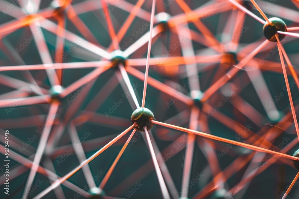 Poster detailed view of interconnected pins in a network arrangement, lines connecting nodes in a complex n