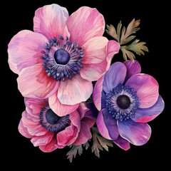 Fototapeta premium Pink anemones and fuchsia flowers, detailed watercolor art, soft pastel colors, cottagecore aesthetic, sticker clipart, on black background