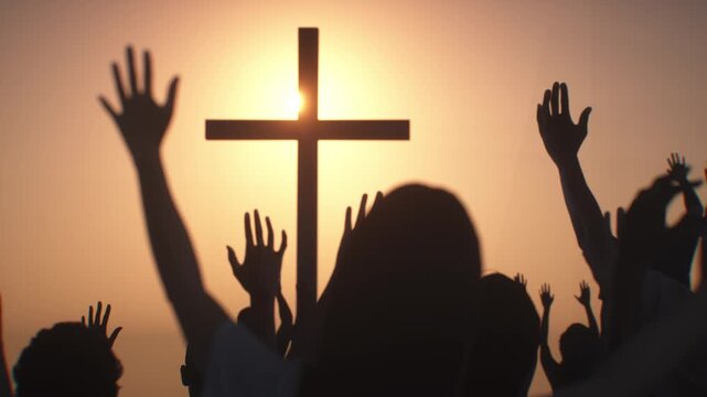 the silhouette of a Christian cross with the image of a worship praying people hands render 3d 
