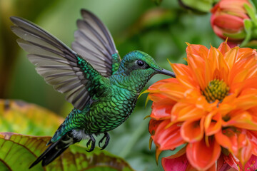Obraz premium Hummingbird Feeding from Flower in Morning Light