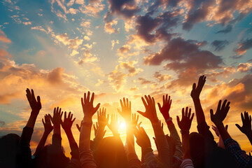 A group of people are holding up their hands in the air generative ai.