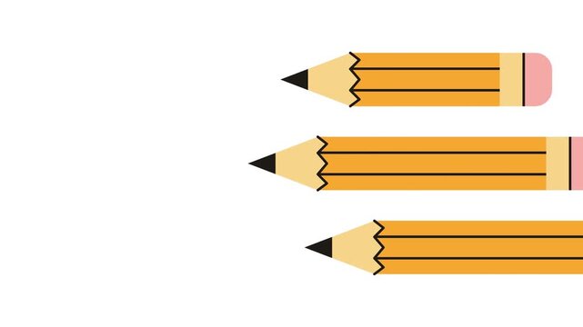 Yellow pencil and wooden object for writing and drawing, cartoon short yellow pencil rubber eraser concept vector animation.
