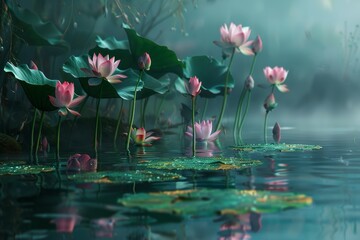 A cluster of pink lotus flowers gracefully floats on the surface of a pond, Lotus flowers emerging from a tranquil pond