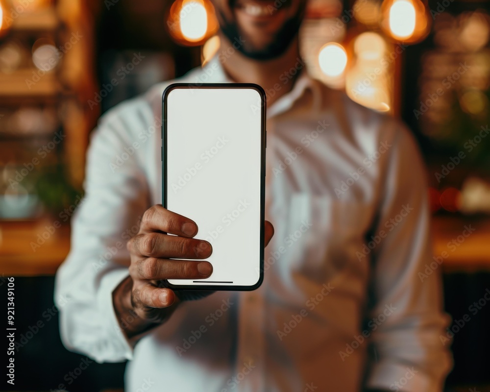 Sticker a man holding a phone in his hand with the screen blank. ai.