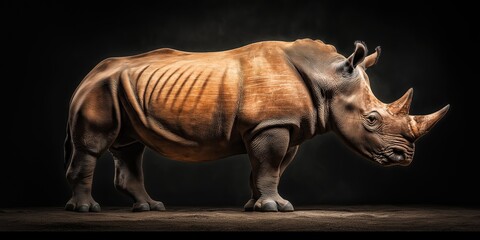 Obraz premium Photo of a rhino isolated against a black background, emphasising the rhino's majestic features. Wildlife and conservation concept, space for copy.