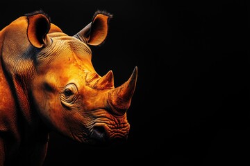 Photo of a rhino isolated against a black background, emphasising the rhino's majestic features. Wildlife and conservation concept, space for copy.