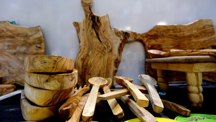 Handmade wooden objects exhibited at a fair