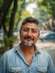 A man in a blue shirt standing on the street. AI.