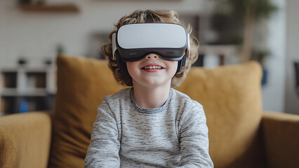 Young boy sitting on the couch wearing VR glasses, watching an interactive video game in virtual reality. She is smiling and having fun while exploring different worlds through her headset.