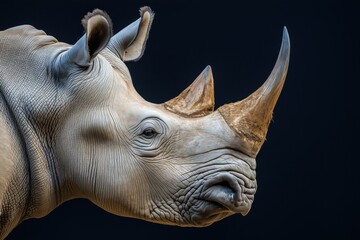 Fototapeta premium Photo of a rhino isolated against a black background, emphasising the rhino's majestic features. Wildlife and conservation concept, space for copy.