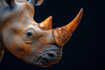 Photo of a rhino isolated against a black background, emphasising the rhino's majestic features. Wildlife and conservation concept, space for copy.