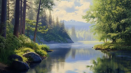 Obraz premium A tranquil river meanders through a lush forest, with vibrant greenery, towering trees, and a backdrop of majestic mountains. It evokes a sense of peace, tranquility, and the beauty of nature.