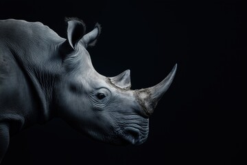 Fototapeta premium Photo of a rhino isolated against a black background, emphasising the rhino's majestic features. Wildlife and conservation concept, space for copy.