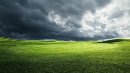 Fototapeta premium A vast, green field stretches out under a dramatic sky, where dark storm clouds gather, creating a sense of impending change, hope, and resilience. The sun peeks through the clouds