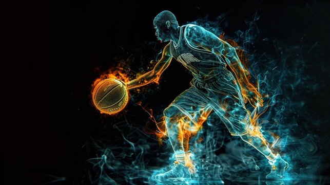 Abstract silhouette of a basketball player man in action isolated black background.