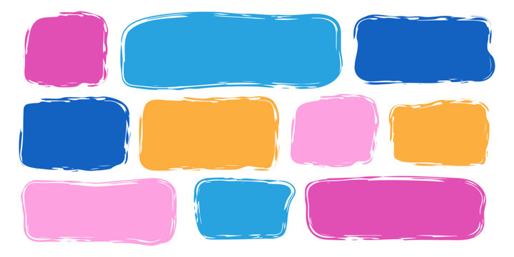 Naklejki Blank colorful rectangle square textbox set. Doodle brush paint quote poster frame. Speech bubble element. Funny template text box for kids kindergarten school design. Vector illustration