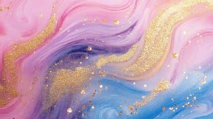 Abstract background with pink, purple, and blue colors, and golden glitter. The swirling patterns symbolize creativity, elegance, luxury, fluidity, and beauty.