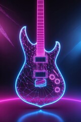 A neon-colored electric guitar with futuristic wireframe design glowing in pink and blue on a dark background.