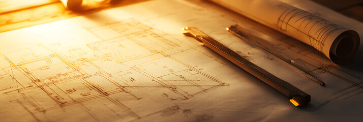 Industry-themed banner with blueprint close-up, drafting tools, warm lighting, space for text