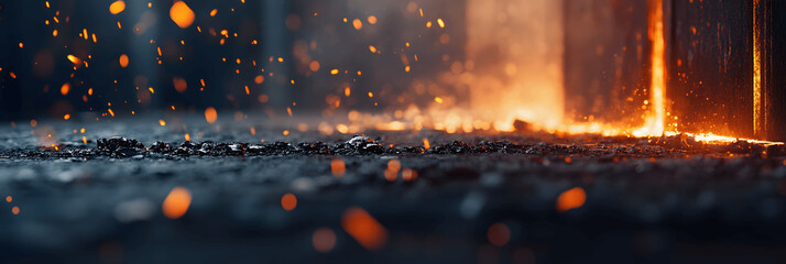 Industry-themed banner with steel mill close-up, molten metal, warm lighting, space for text