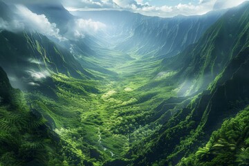 Obraz premium A green valley nestled between towering mountains, Lush valleys nestled between imposing mountain ranges