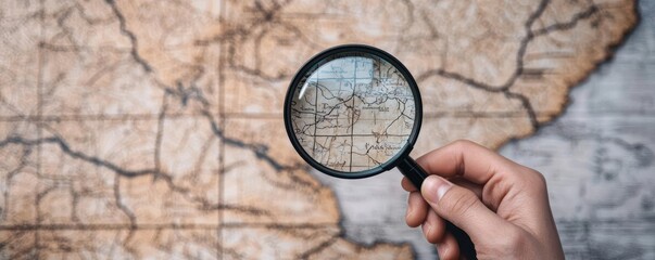 A close-up of a hand holding a magnifying glass, examining an old map