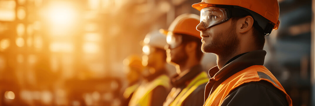 Industry-themed banner with factory workers in safety gear, warm lighting, space for text