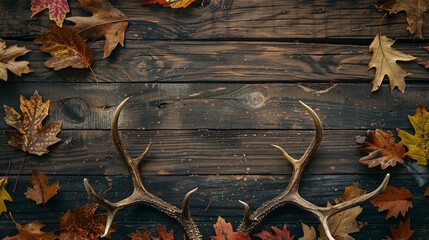 Deer antlers with leaves on a wooden board.