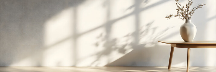 Interior design banner with minimalist dining table, single vase, soft shadows, space for text
