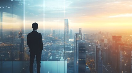 Fototapeta premium A curious human gazing out a panoramic window overlooking a futuristic cityscape, hopeful, innovative, progressive, sleek, luminous, medium shot,