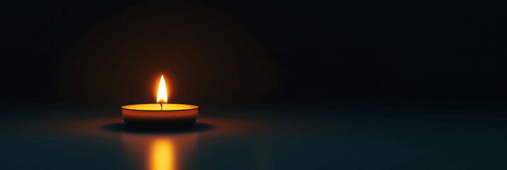 Miscellaneous banner with single candle burning, dark background, space for text