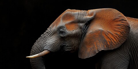 Photo of a elephant isolated against a black background, emphasising the elephant's majestic features. Wildlife and conservation concept, space for copy.