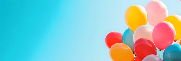Miscellaneous banner with colorful balloons against blue sky, soft lighting, space for text