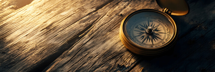Miscellaneous banner with compass close-up on wooden surface, soft lighting, space for text