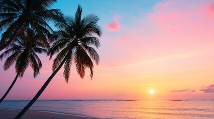 Obraz premium A serene beach at sunset, with palm trees silhouetted against the sky