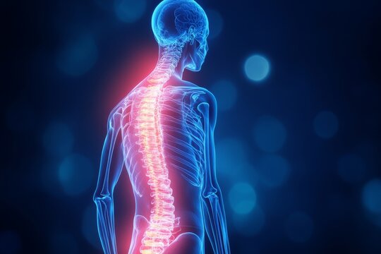 Illustration of the human spine with a red area highlighting pain or injury. The image represents the structure of the spine, spinal cord, and the concept of back pain.