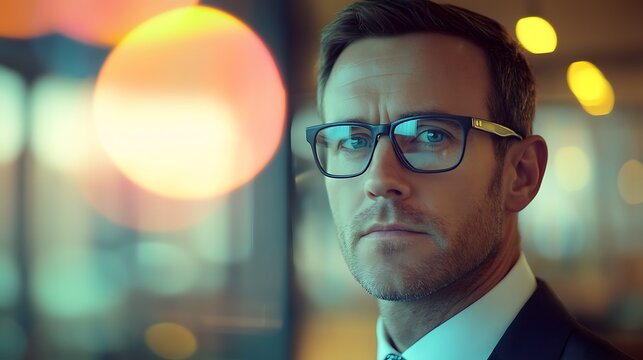 photograph of a businessman in his office, bright design with wood and glasses, modern office and lights, blurry fushia and blue background with circle and people