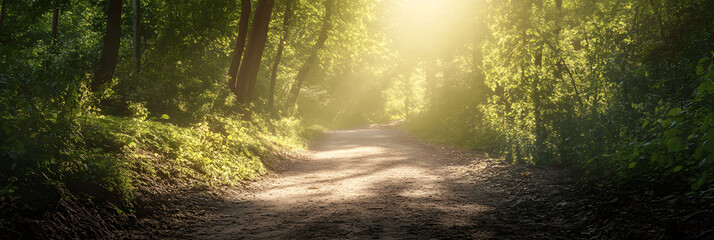 Fototapeta premium Nature-themed banner with serene forest trail, sunlight filtering through trees, space for text