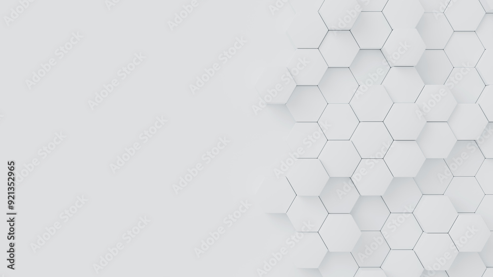 Poster white hexagons with random size on white backdrop. a place for text on the left. abstract 3d render 