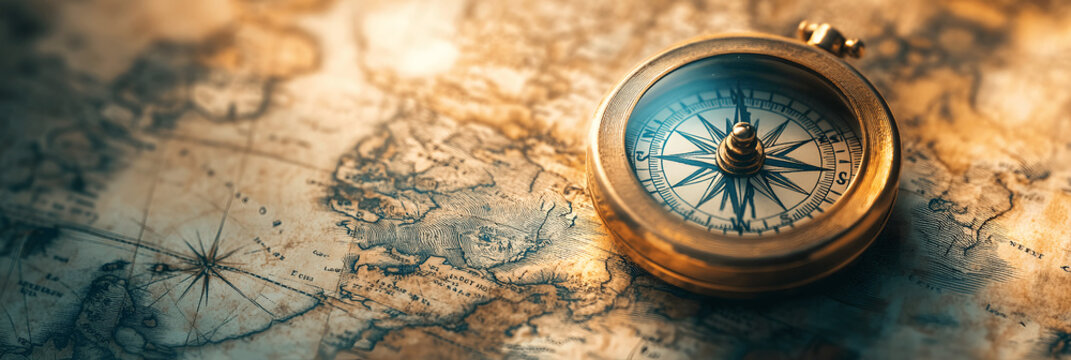 Objects banner with vintage compass on old map, soft background, space for text