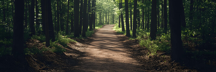 Outdoors banner with clean forest path, minimalist design, soft shadows, space for text