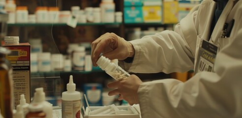 A pharmacist fills prescription bottles while assisting customers in a bustling pharmacy